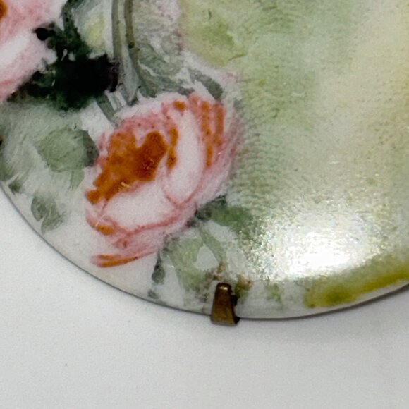 Antique Hand-Painted Porcelain Brooch With Pink Roses C-Clasp Gold-tone - Picture 9 of 16